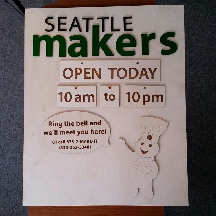 SeattleMakersHQ's tweet photo. Time for a sign upgrade with #lasers from @blackcatlabs.co.  Come see the finished sign &amp; #doorbell for yourself! 
#makerspace #seattlemaker https://t.co/XTzKqp0UBU