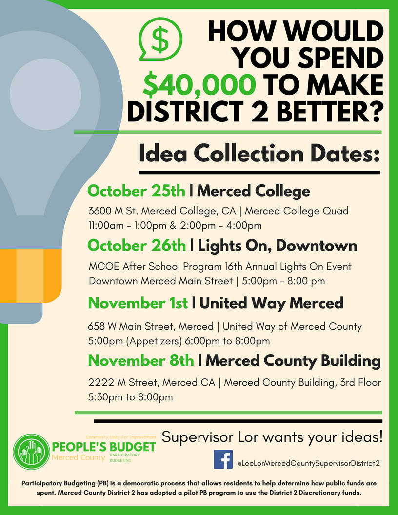 valleyonward's tweet photo. #ParticipatoryBudgeting is happening in #Merced District 2. Let @SupervisorLor and #PBMerced know how you would spend the funds! https://t.co/yK1d0LSvgk