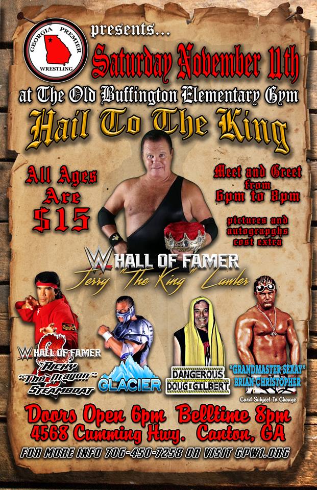 gpwrestling101's tweet photo. Saturday, November 12th at the Old Buffington Elementary Gym in Canton, Ga at 8pm.  Get tickets online at https://t.co/BsdQKa7pQS or you can purchase them at the door the day of the event https://t.co/UAkLSyBNwV