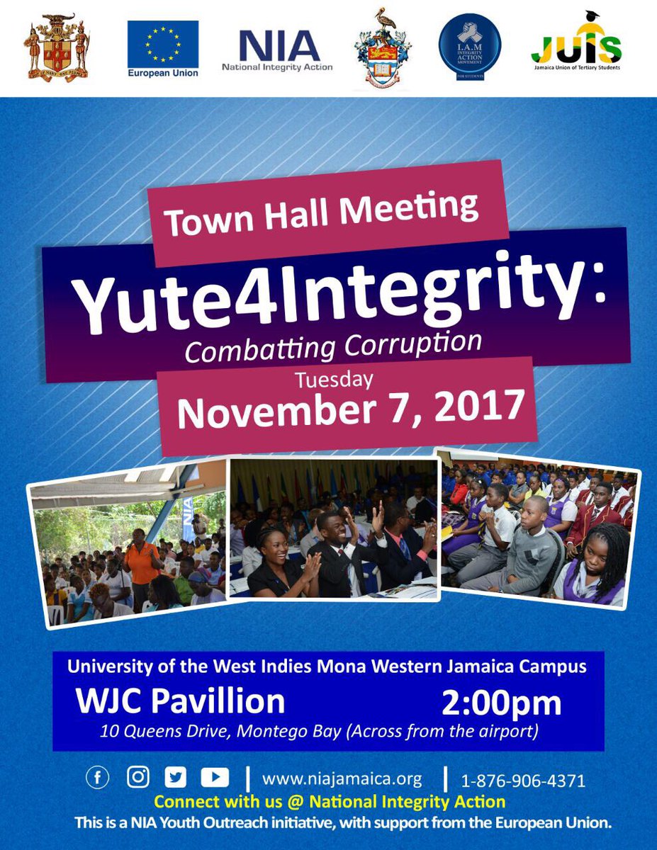 niajamaica's tweet photo. #Yute4Integrity Town Hall @UWIWJC on November 7, 2017 @2pm, the Youth should take charge to change the nation #SpeakOUT #TeamNIA https://t.co/7y3IpgCehO