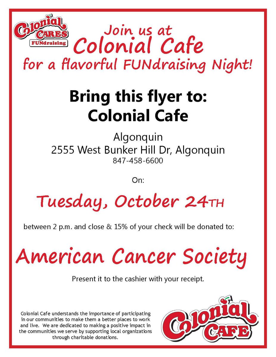 RelayD300's tweet photo. Eat at Colonial Cafe Algonquin today &amp; win $ for your Relay team! Present this flyer &amp; 15% of your bill will be donated to @AmericanCancer 🍦 https://t.co/ZAtpCk099M