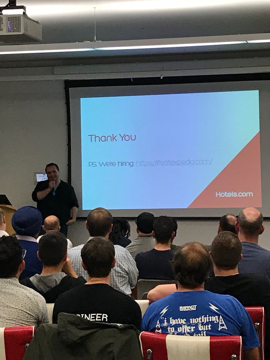 KatyBee_'s tweet photo. Great turnout and talk from Tech Director Chris Rice on our DevOps journey! Ps... we’re hiring!! #lifeatexpedia #ahodevops https://t.co/oZPfnJZAA8