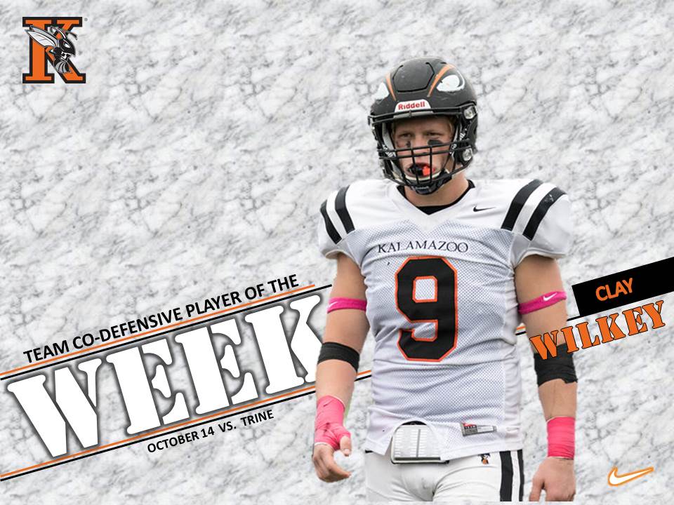 KzooFootball's tweet photo. Congratulations to our Week 8 POW for their performance vs Trine: Jake Frederick, Jake Osen, Jared Pittman, Clay Wilkey! https://t.co/wwSq1V0kSn