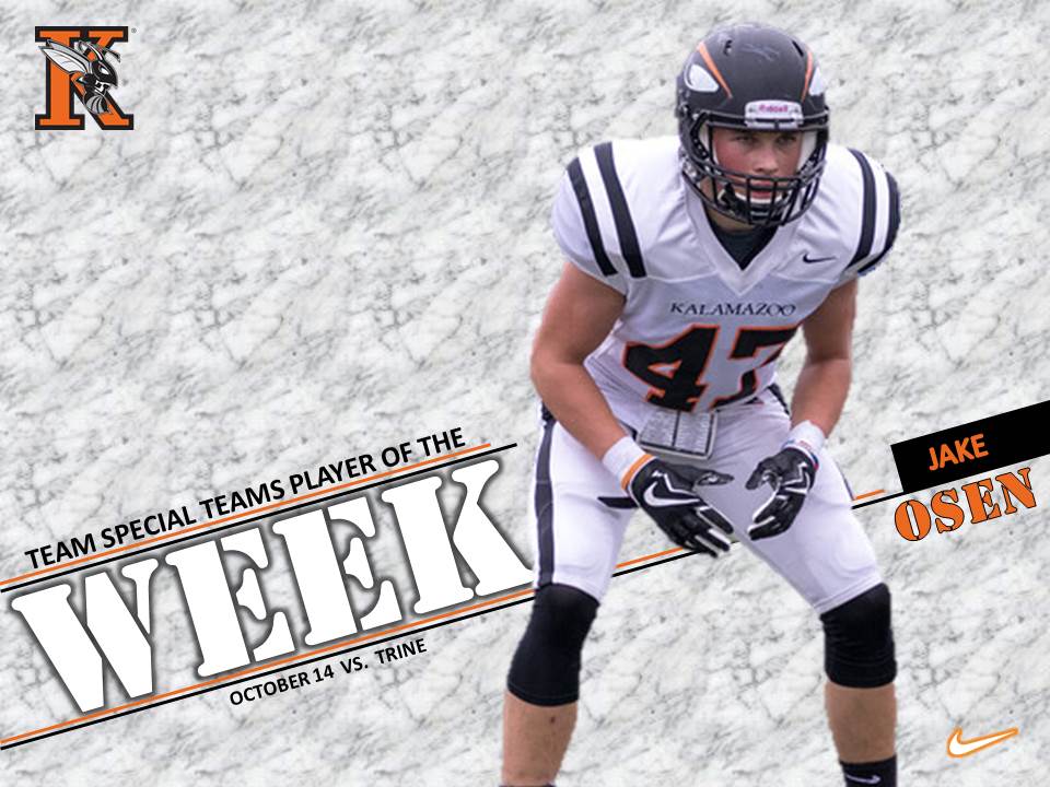 KzooFootball's tweet photo. Congratulations to our Week 8 POW for their performance vs Trine: Jake Frederick, Jake Osen, Jared Pittman, Clay Wilkey! https://t.co/wwSq1V0kSn