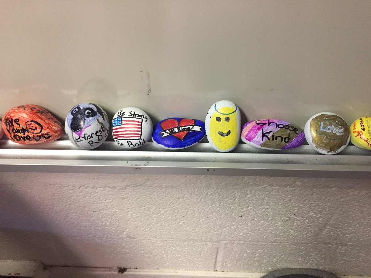 LindaBKroger's tweet photo. Core 3 #kindnessrocks made during #globalmakerday We can't wait to place them round our community after our #wondermovie trip! #forestrocks https://t.co/9yUnxKhIgL