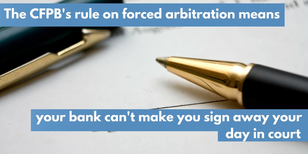 CLICCoalition's tweet photo. .@CFPB rule on arbitration #RipoffClause stops banks and predatory lenders from forcing customers to sign away rights to their day in court https://t.co/3ZZ82OSQ2F