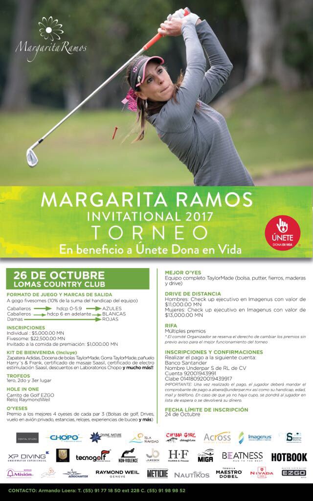 Inscríbete al torneo de golf <a href="/MacusRamos/">Margarita Ramos</a> en #LomasCountryClub y apoya a <a href="/donaenvida/">Únete Dona en Vida</a>