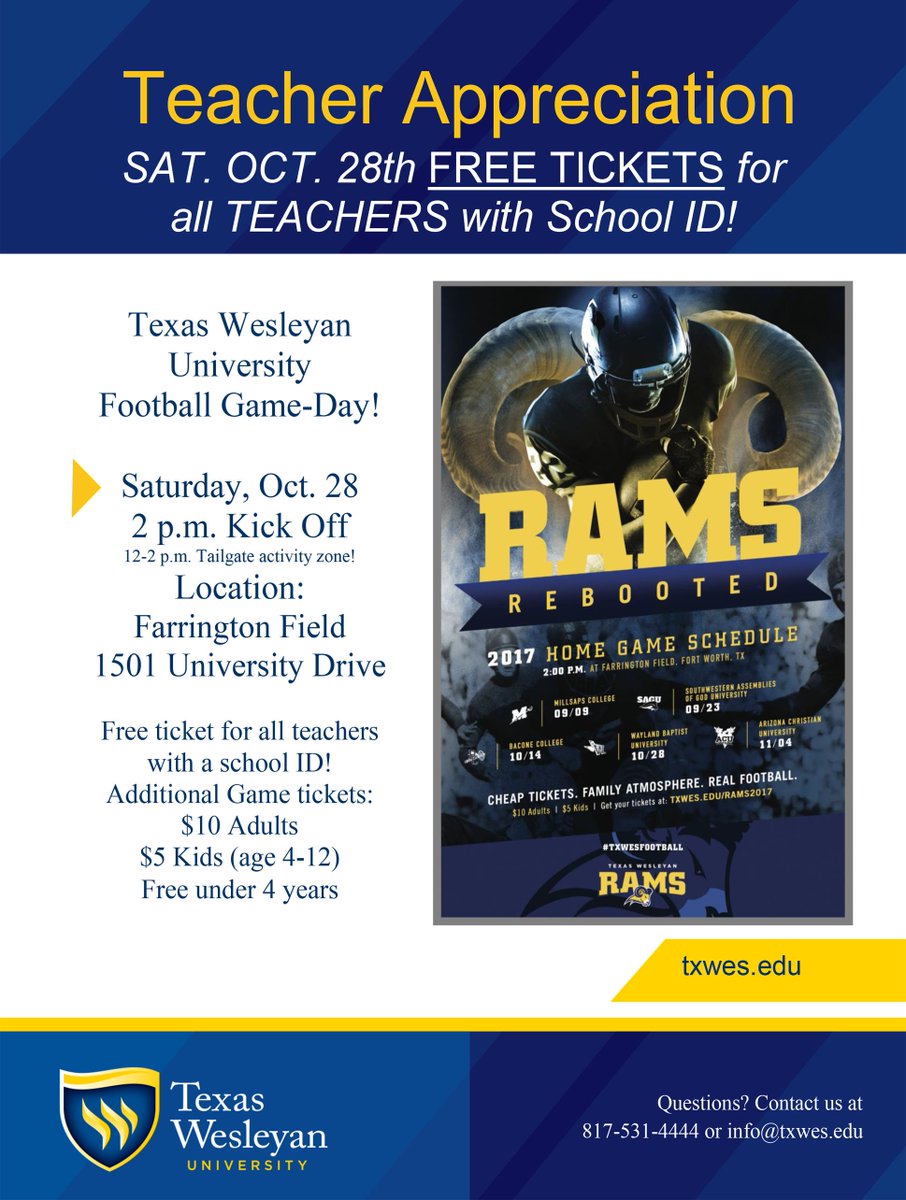 RamSports's tweet photo. Teachers Get In Free This Saturday! @FortWorth_ISD @AledoISD @ArlingtonISD @BurlesonISD @CrowleyISD @EvermanISD  @KennedaleISD @mansfieldisd https://t.co/AmHD9wmbNc