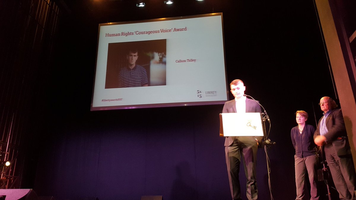 Right_to_Remain's tweet photo. .@CallumTulley wins the Courageous Voice award for his undercover journalism in #Brookhouse immigration detention centre. #libertyawards2017 https://t.co/949PFCEWqd