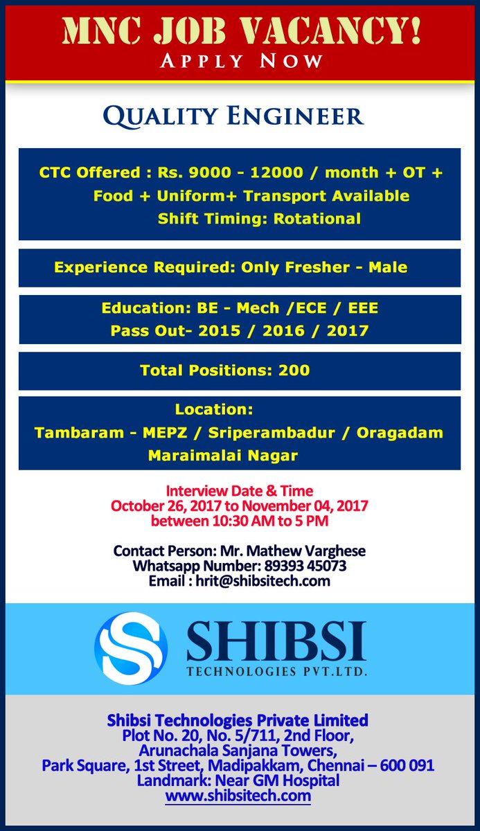 Tech_Shibsi's tweet image. #Quality Engineer Wanted - MNC Client -#Freshers -#BE / #B.Tech - #Mechanical / #EEE / #ECE - 2015 / 2016 / 2017 pass outs - #Male candidate