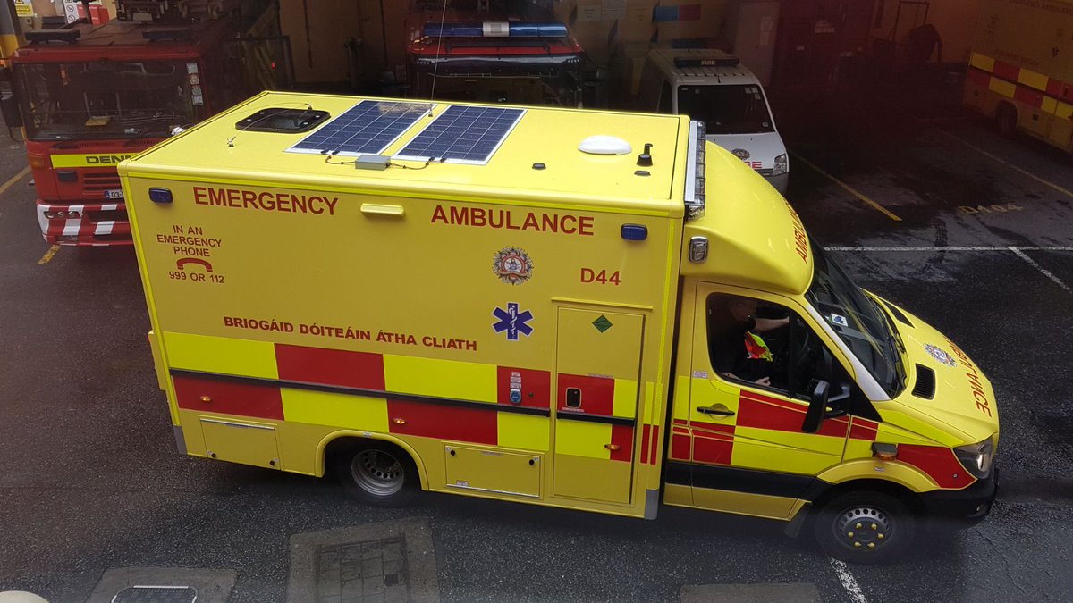DubFireBrigade's tweet photo. Our new ambulances are fitted with solar panels and re-generative braking to help recharge on board batteries and lower CO2 emissions. https://t.co/OhaRMUTBfa