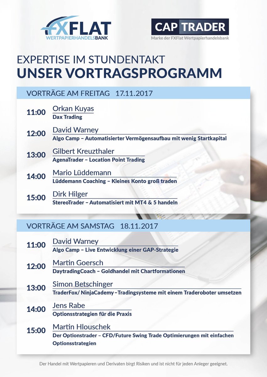 FXFlat's tweet photo. #wot2017 #worldoftrading 16.-18.11. in Frankfurt @wot_frankfurt  Programm mit #Tradern und Partnern am Messtand von @FXFlat &amp; @CapTrader https://t.co/yjq8e370LN