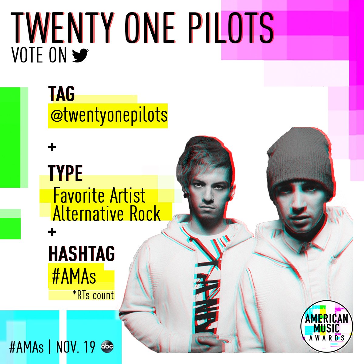 FueledByRamen's tweet photo. Tweet @twentyonepilots + Favorite Artist Alternative Rock + #AMAs or RT to vote for TØP at the @AMAs! Watch LIVE 11/19 at 8/7c on ABC. https://t.co/K4jdbHKx78