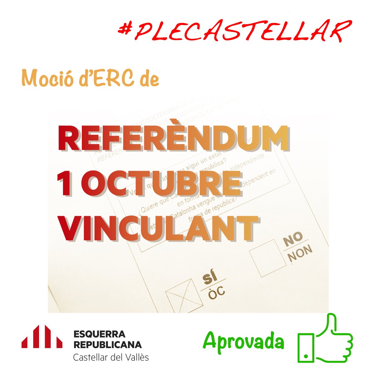 ERC_CastellarV's tweet photo. Aprovada per una unanimitat Moció de Resultats Vinculants de #referendumCAT #1O #pleCastellar https://t.co/5n3taVThga