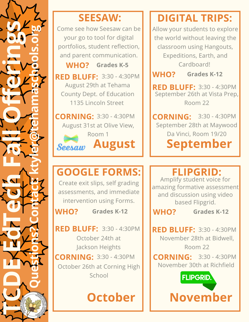 kendraltyler's tweet photo. See you at Jackson Heights today from 3:30-4:30 for Google Forms training! Fall EDTECH FUN! #tehamalearns https://t.co/a5awdvCdsH