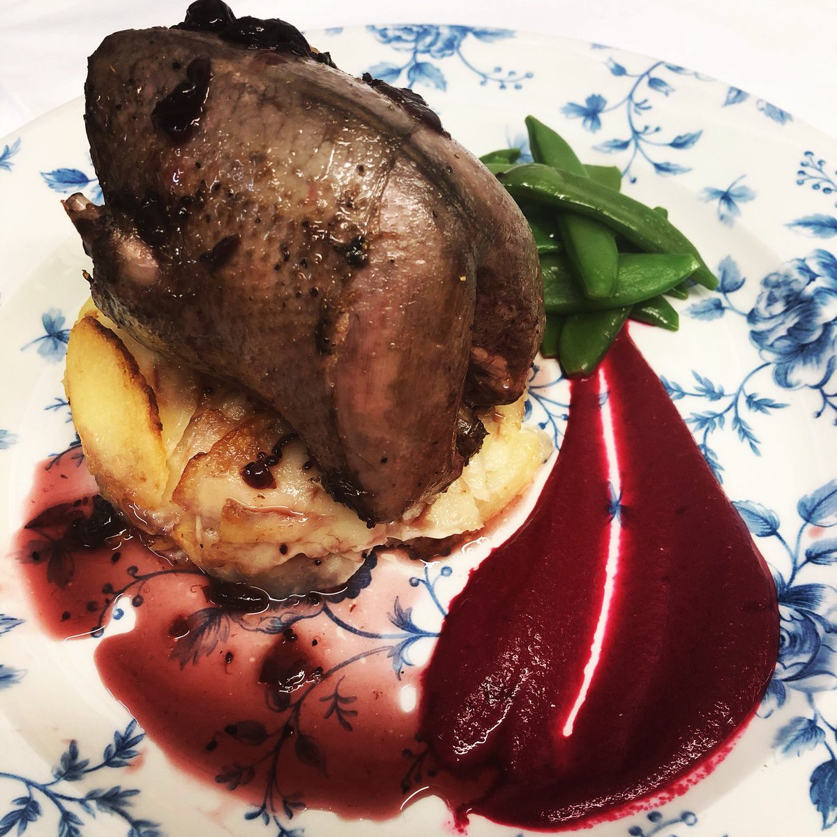 Stevecarey6's tweet photo. Can’t wait to get my creation on the menu this week 😍😍 #woodpigeon   #beetrootpuree  #sugarsnappeas #dauphinoise #blackcurrant #jus https://t.co/zWKsZiSJU5