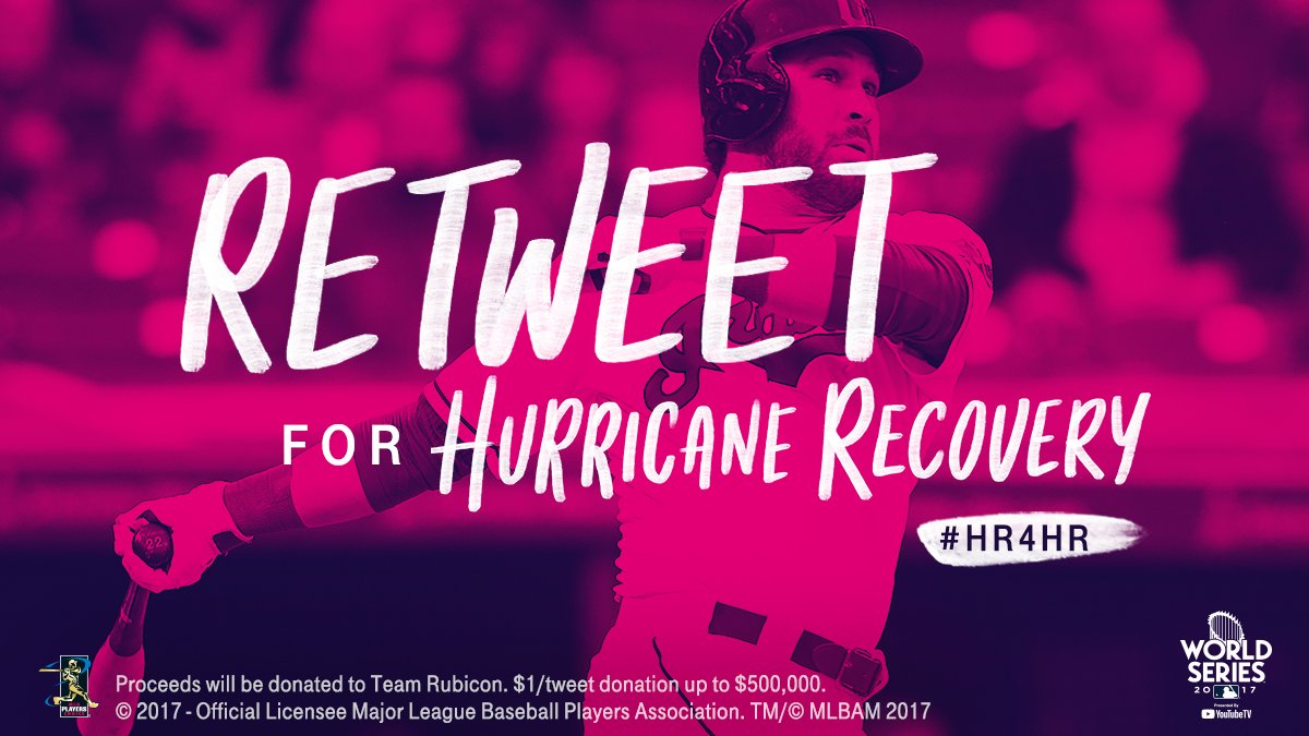 All your posts, replies, RTs, and QTs with #HR4HR this <a href="/MLB/">MLB</a> Postseason donate $1 to <a href="/TeamRubicon/">Team Rubicon</a> (up to $500K).

Get those thumbs going!