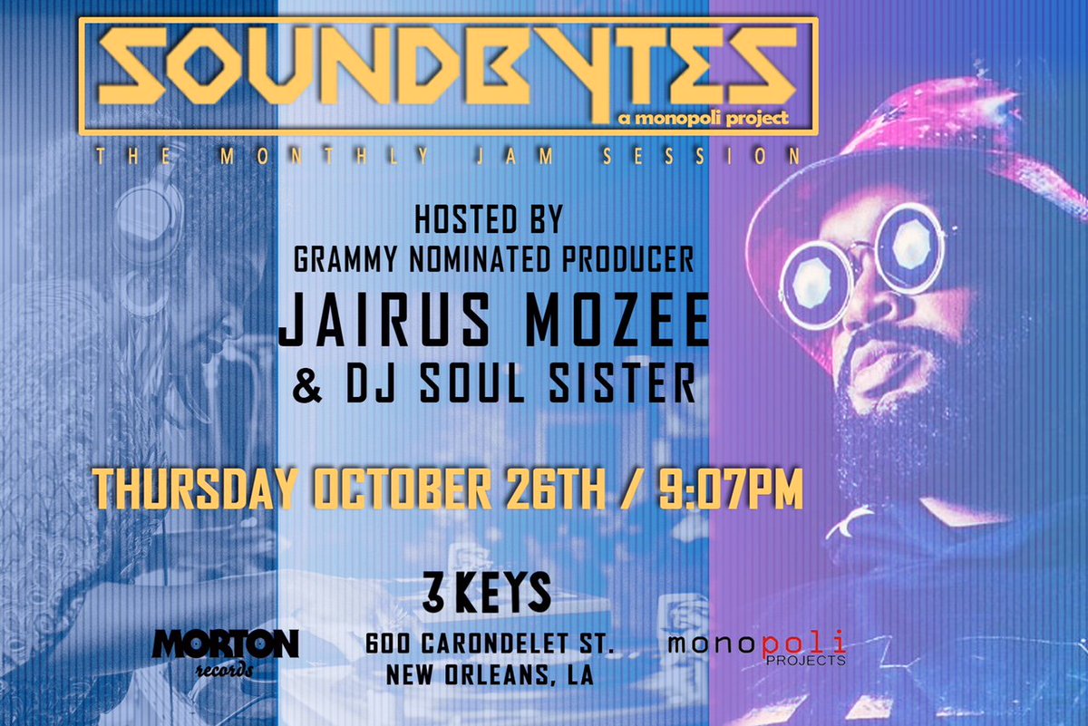 ThreeKeysNola's tweet photo. Thursday: @pjmorton's #SoundbytesNOLA is hosted 10/26 by special guest @jmothegr8 and his band plus @djsoulsister. Show up, sign up. https://t.co/l5O07YZqDP