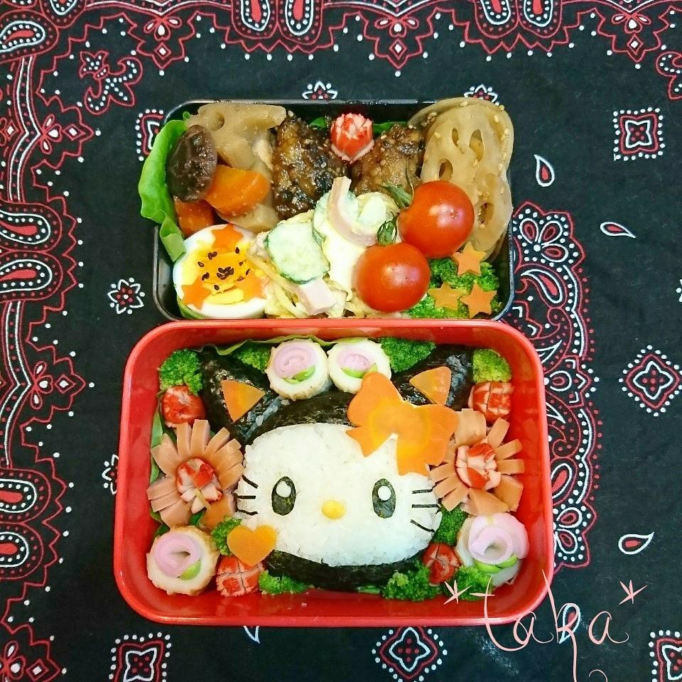 Taka 今日のキャラ弁 おはよーございます 下手すぎて 載せるの やめよっか悩んだ ダメだ 帰りが遅くて 疲れからか 海苔とか思い通りに切れない 今日もよろぴく キティ キティちゃん ハロウィン 黒ネコ キャラ弁 お弁当 お弁当作り楽しもう部 男子
