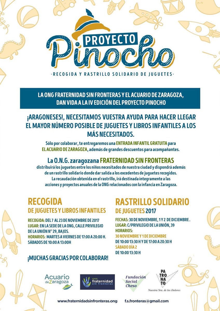 alfonsobueno's tweet photo. Un año más vuelve el #ProyectoPinocho de @FraternidadONG. Solo por colaborar entradas gratuitas para el @nuevoacuariozgz de #Zaragoza https://t.co/npbJokcjsf