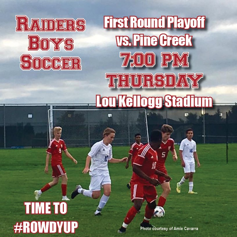 .<a href="/RJHSBDSoccer/">RJHS Boys Soccer</a> is in the playoffs! Come cheer on the Raiders as they take on Pine Creek in the first round at home this Thursday. #GoRaiders