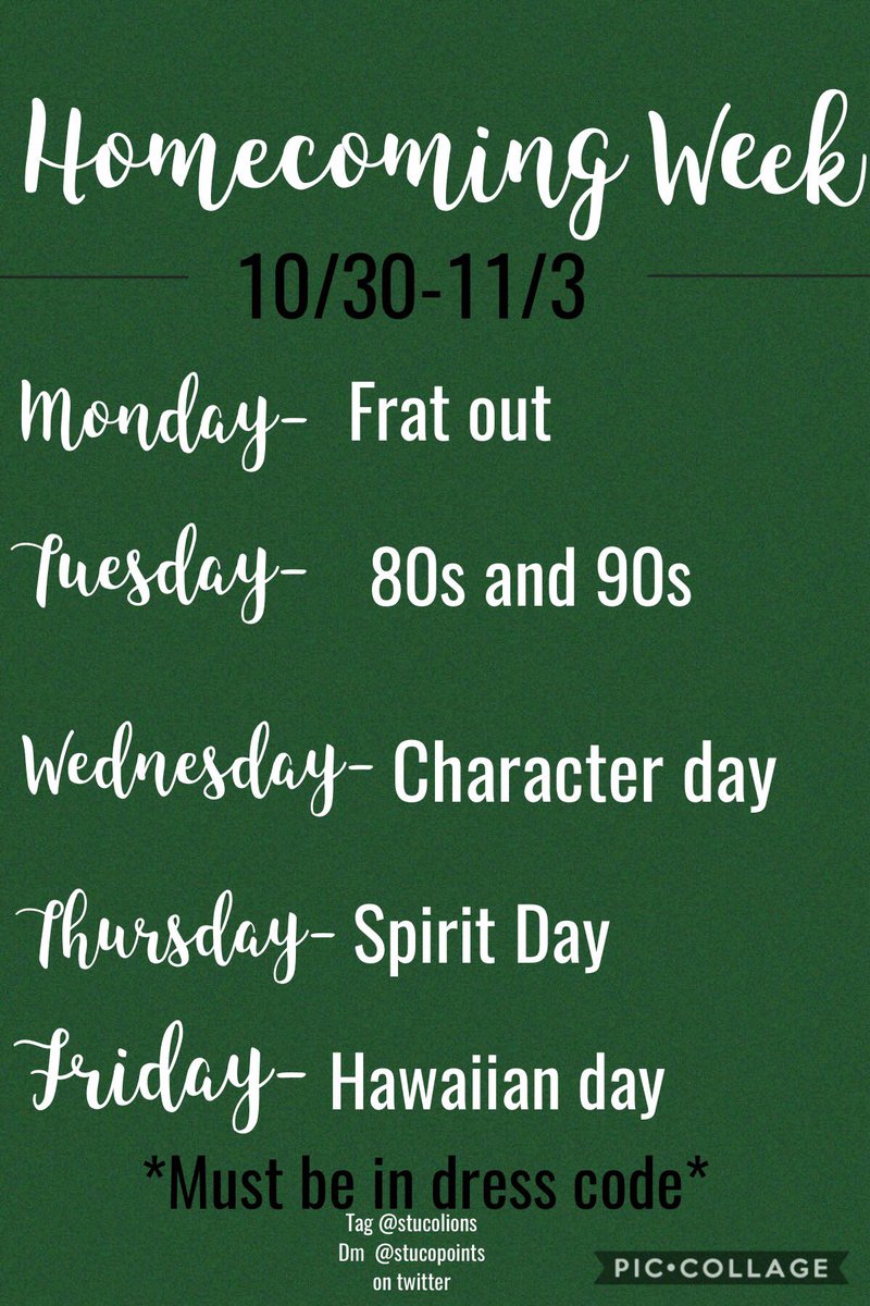 stucolions's tweet photo. NEW👏🏼 HOMECOMING WEEK👏🏼 DRESS👏🏼 UP👏🏼 DAYS👏🏼 #WeAreSpring #Homecoming https://t.co/2VInNOzslE