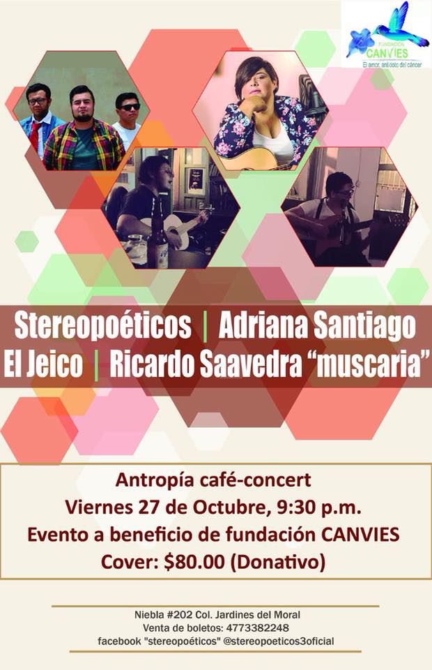 adrissantiago's tweet photo. Apoyando a la fundación @CANVIES @Fund_CANVIES  
Nos vemos este viernes en #Leon @AntropiaCafe 
#QueLaCancionVuele https://t.co/X21Mib7Uib