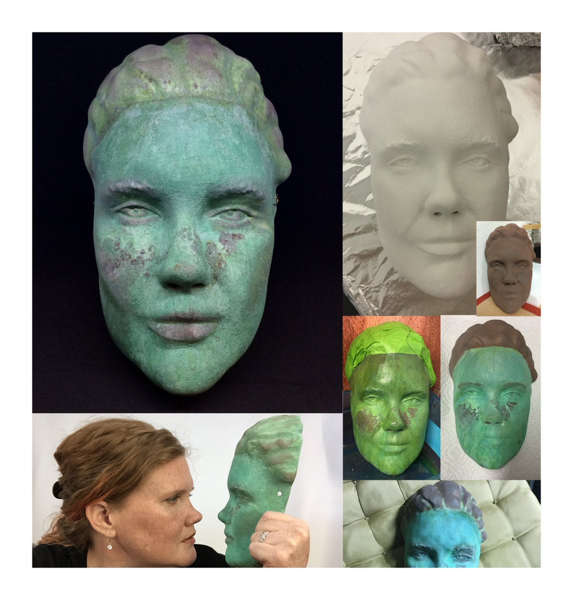 3DLirious's tweet photo. Now that I've #3dprinted (on #ZPrinter) a #mask and infiltrated it with #copper, I literally have copper hair! https://t.co/GWYiTTYN3H