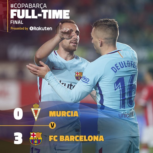 ⏰ Akhir laga!
Real Múrcia 0-3 FC Barcelona
⚽️ Alcácer, Deulofeu i Arnaiz
🏆🔵🔴 #CopaBarça