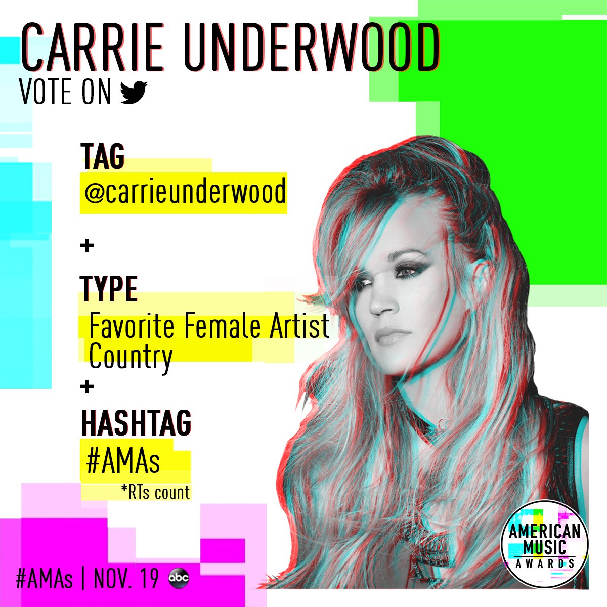 RT to vote @CarrieUnderwood as your 2017 #AMAs Favorite Female Artist Country! billboard.com/amas/carrie-un…