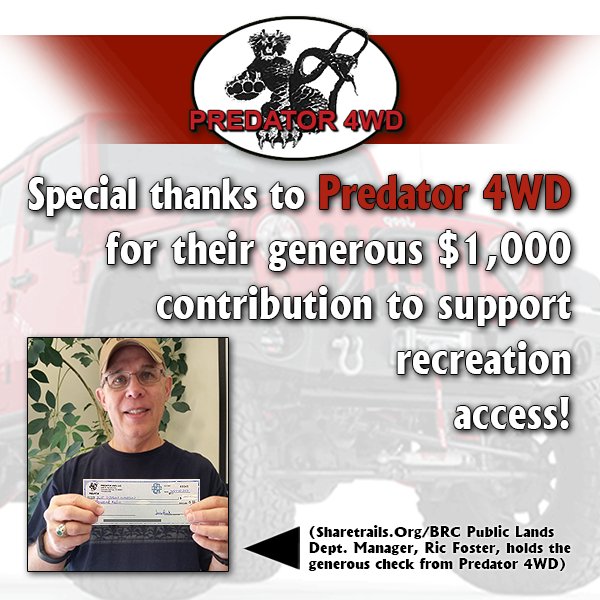BRCBlueRibbon's tweet photo. Predator 4 Wheel Drive contributes $1,000 to support recreation access! #brc4access #sharetrails https://t.co/7dWjCBmWlX https://t.co/Zj49R9OwvB