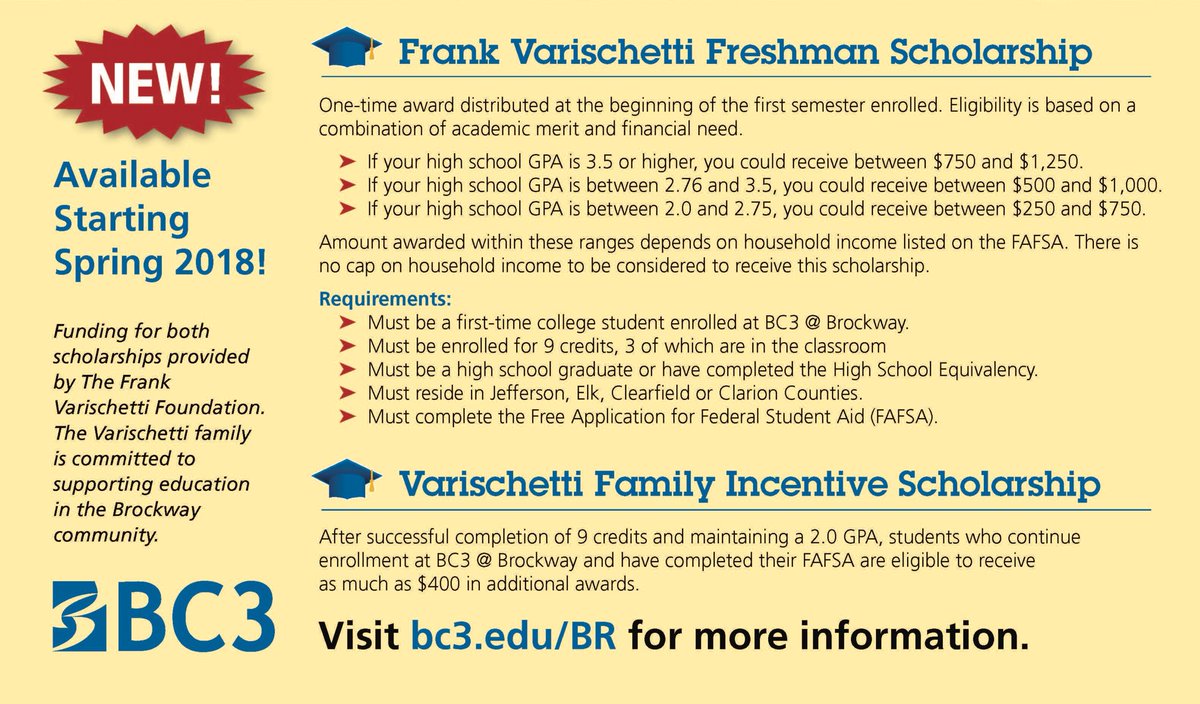 NEW BC3@Brockway scholarships:
Incoming freshmen can be awarded anywhere from $250-$1250!
Returning students can receive up to $400/semester