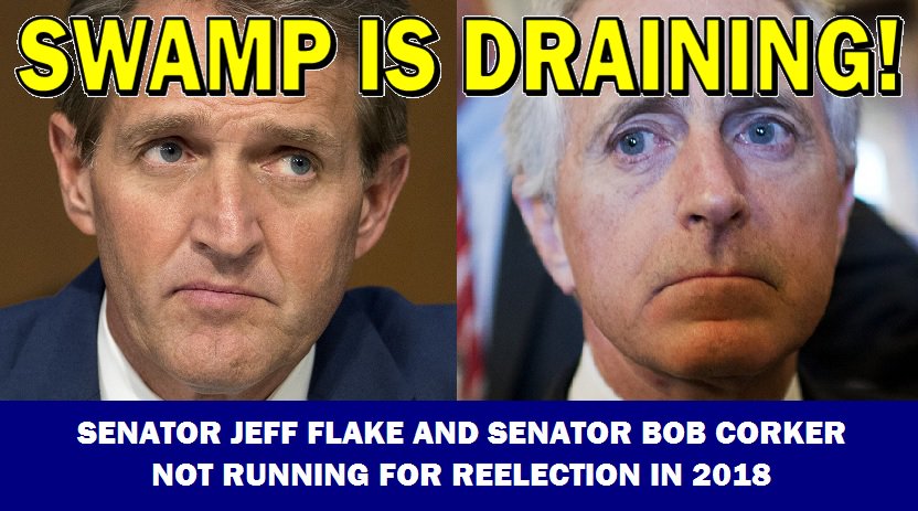 Tom Kennedy πΊπΈ (@thomaspkennedy3) on Twitter photo Senators Bob Corker & Jeff Flake announced they are not running in 2018!
Good idea after bad-mouthing <a href="/POTUS/">President Donald J. Trump</a>
Swamp is draining before Us! Senators Bob Corker & Jeff Flake announced they are not running in 2018!
Good idea after bad-mouthing <a href="/POTUS/">President Donald J. Trump</a>
Swamp is draining before Us!