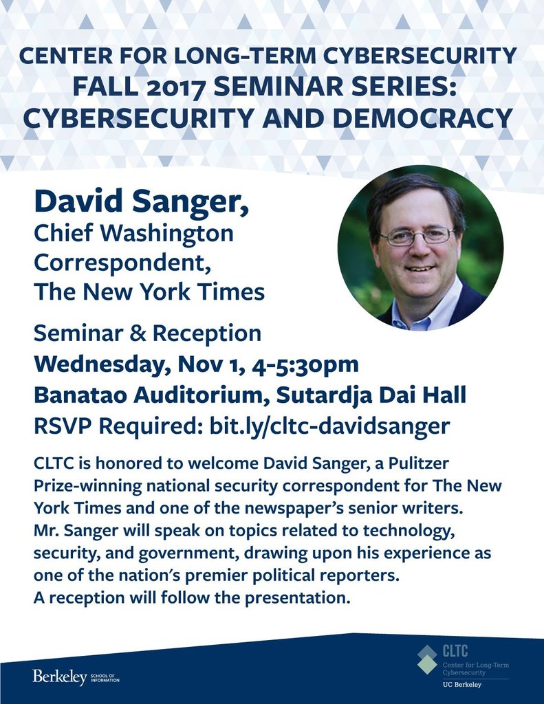 PierreHametBa's tweet photo. For the Nov 1st #CLTCSeminar, SangerNYT will discuss #cybersecurity and the Silicon Valley/DC divid #cryptel #Hacker #news https://t.co/ezQ8ZMojvr