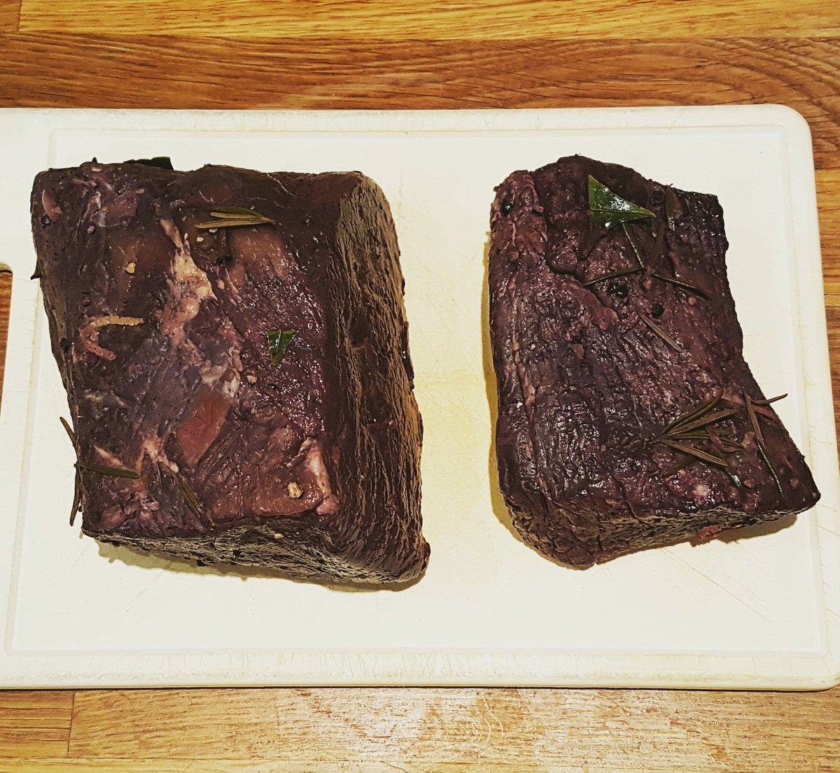 NesbittF's tweet photo. Bresaola: Silverside of beef, dry-cured in salt &amp; herbs then wet-cured in red wine before air drying. The colours as it cures &amp; dries... wow! https://t.co/ac6zbB7SiS
