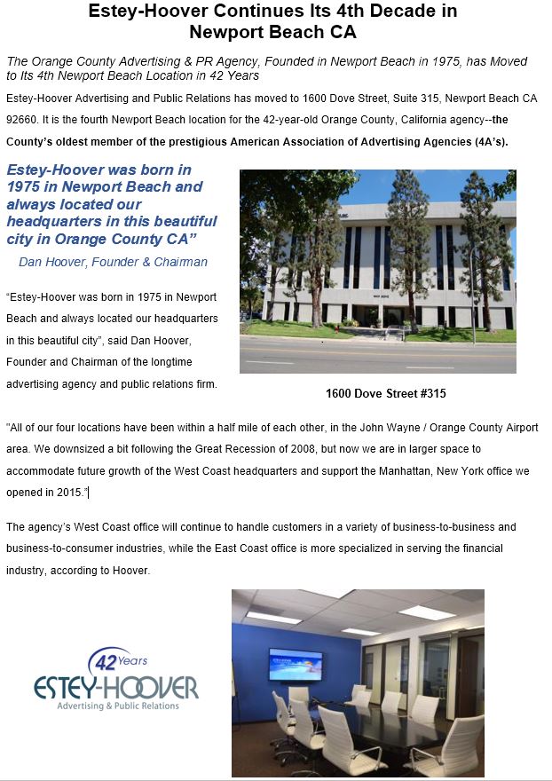 Estey-Hoover has moved its West Coast headquarters to 1600 Dove Street, Newport Beach CA. An East Coast branch is in Manhattan, New York.