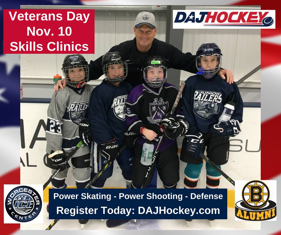 Don't Miss Our Nov. 10 Veterans Day Clinics at the <a href="/WorcesterIce/">Worcester Ice Center</a> 
Power Skating, Power Shooting and Defense by NHL pros <a href="/NHLBruinsAlumni/">Boston Bruins Alumni</a>