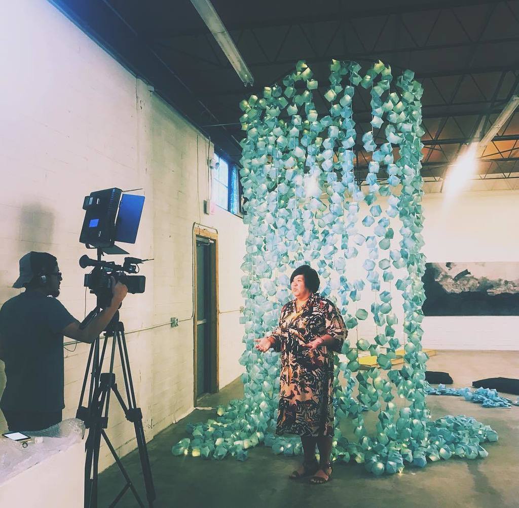 TexasBiennial's tweet photo. Biennial artist Teruko Nimura being interviewed for KXAN. #texasbiennial https://t.co/GUkiXKUq8w