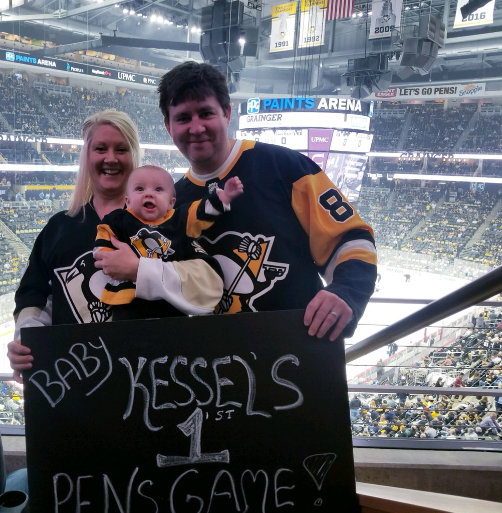 psuadam8's tweet photo. Baby Kessel’s 1st Pens Game! Let’s Go Pens!  @CelinaPompeani @penguins https://t.co/caparJUqhM