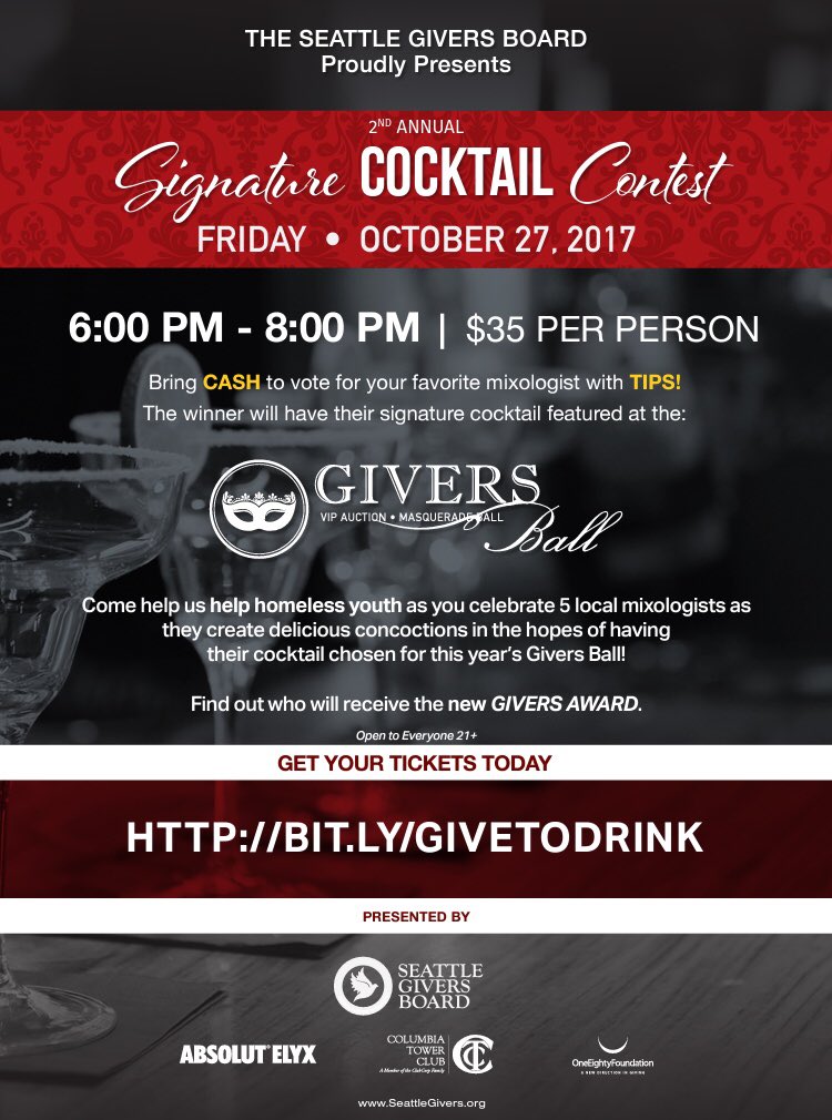 GiversBall's tweet photo. Only days until #GiversBall Cocktail Contest takes over the @ColumbiaTower, high atop #Seattle. Grab $35 tickets: https://t.co/EvgxlmmnfM https://t.co/6djyo3d7Uu