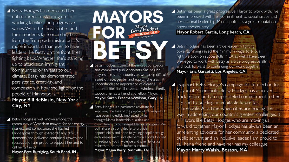BetsyHodges's tweet photo. I'm honored to have support from mayors across the country. They believe in our shared vision for #OneMinneapolis, and my work to get there. https://t.co/VeMd8LlM5d