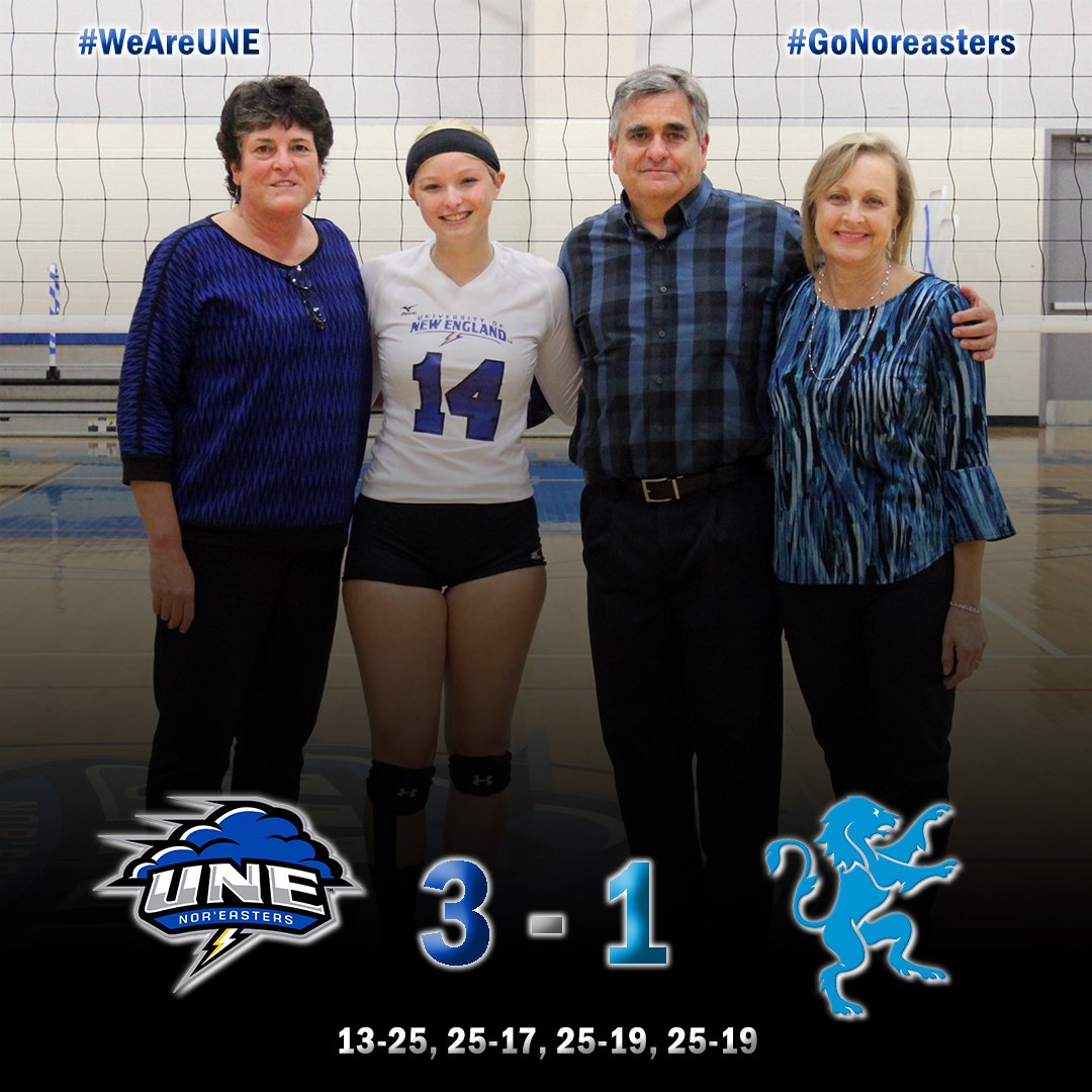 UNESports's tweet photo. Senior Day success for Kristen Falcinelli, who came up with clinching kill as @UNEWVB rallied for a #CCCwvb win #WeAreUNE #GoNoreasters https://t.co/sKi5TnyPG1