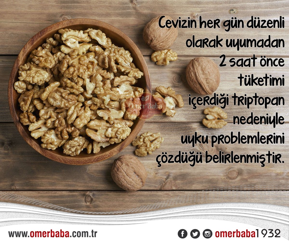 Cevizin her gün düzenli olarak uyumadan 2 saat önce tüketimi içerdiği triptopan nedeniyle uyku problemlerini çözdüğü belirlenmiştir. #Ceviz