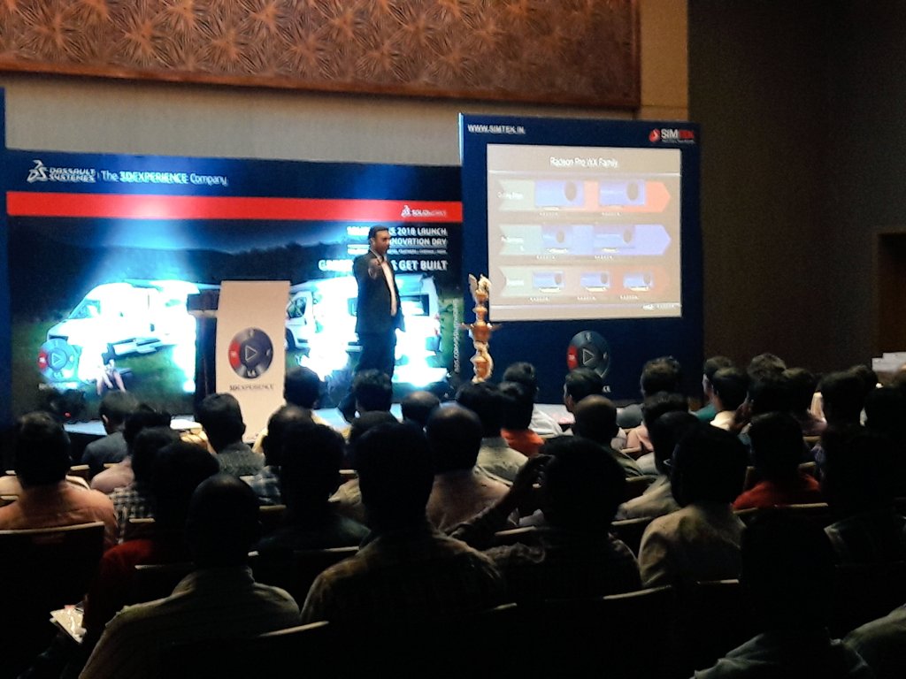 SIMTEKINDIA's tweet photo. AMD showing off how #solidworks help in their innovation. #swlaunch18 @SOLIDWORKSIndia https://t.co/xXkSNmIwPc