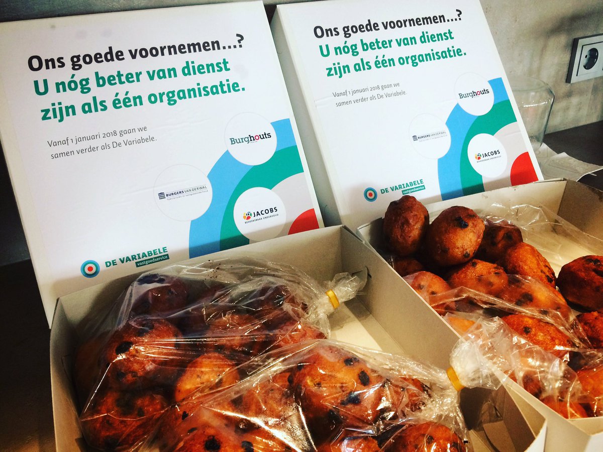 KlokGroep's tweet photo. Nieuwjaar valt vroeg dit jaar! Traktatie Burghouts, Burgers Van der wal en Jacobs die vanaf 1 januari samen verder gaan als De Variabele. https://t.co/NQiKBeHKUB