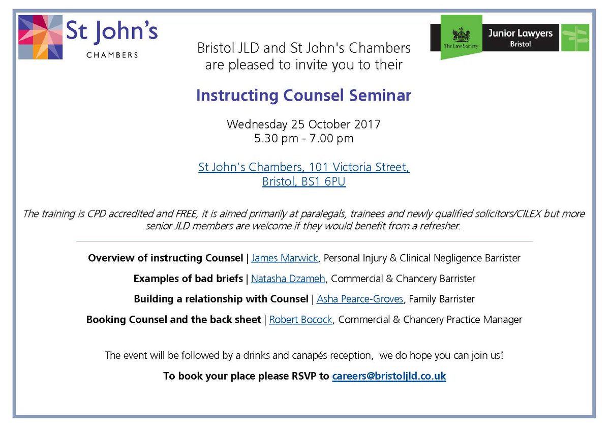 StJohnsChambers's tweet photo. Looking forward to our joint #instructingcounsel seminar with @BristolJLD this evening here in @StJohnsChambers : https://t.co/COzck4Yaus https://t.co/sipuB26UVn