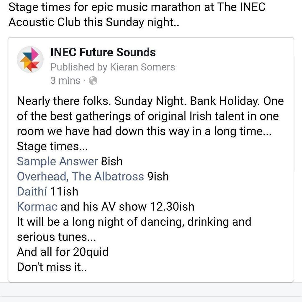 SomersKieran's tweet photo. #FSSpotlight Stage times for epic night of music #inecacousticclub this sunday night. All in for 20quid. A feast o… https://t.co/NBJWwfr0h8 https://t.co/YWk1PVYif3
