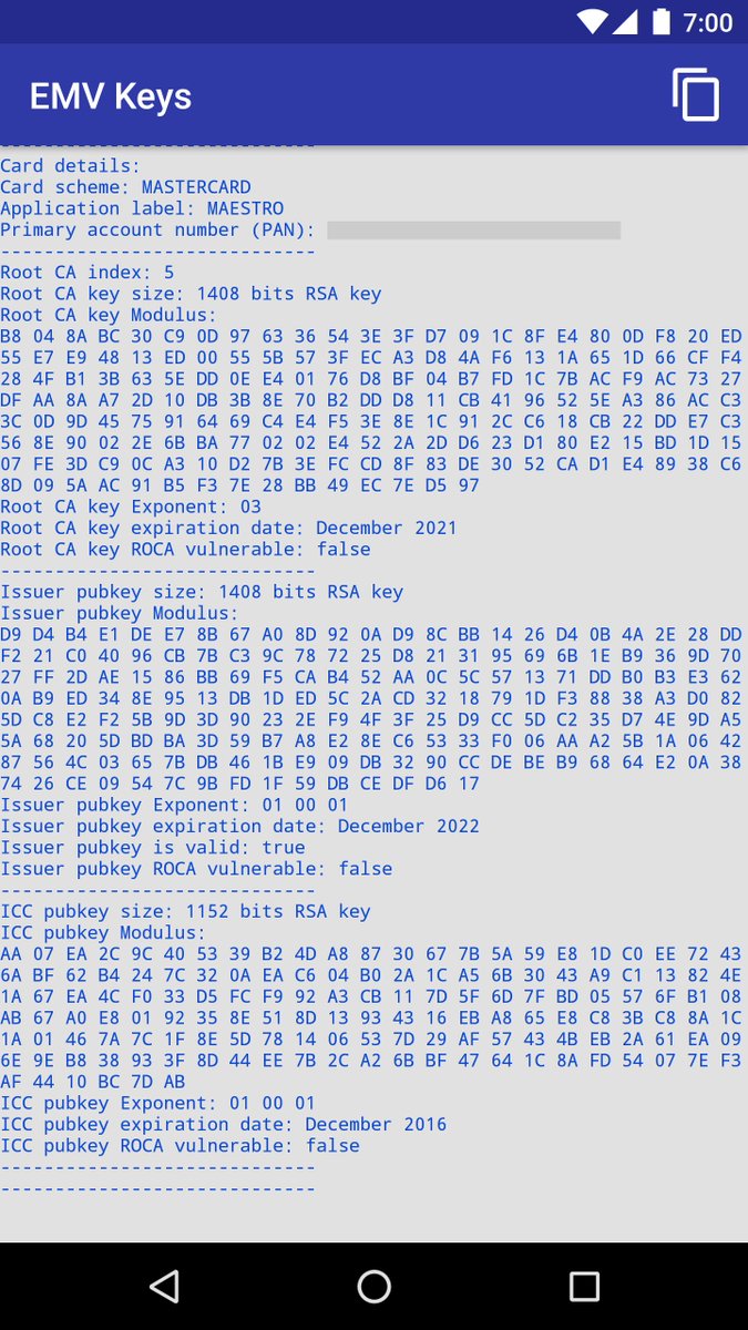wauzibauzi's tweet photo. #EMV banking chipcards also contain RSA keys but normally shouldn't be affected by #ROCA vulnerability. I wrote a small app to check public keys over #NFC: https://t.co/Xm3c6oslM2 #security #Banking https://t.co/4vWDPd27fa