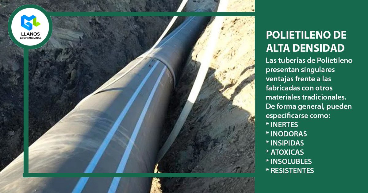 GeomembranasLL's tweet image. Las tuberías de Polietileno pueden especificarse como:
* INERTES
* INODORAS
* INSIPIDAS
* ATOXICAS
* INSOLUBLES
* RESISTENTES