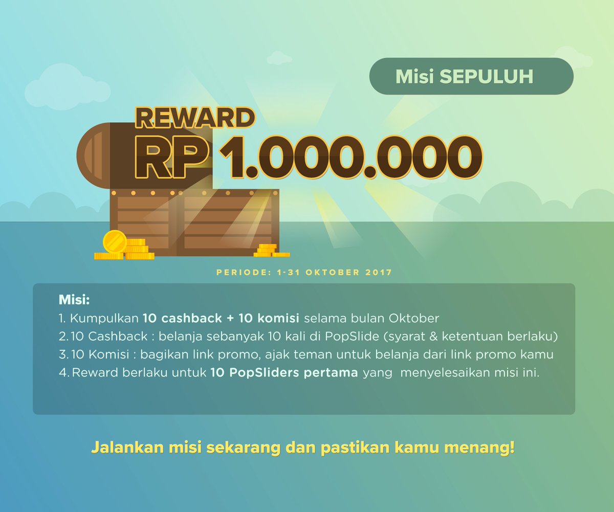 PopSlide_ID's tweet photo. 🌟 Menangkan RP di Misi Sepuluh PopSlide! Kamu tinggal belanja melalui PopSlide &amp; juga bagikan link belanjamu ke teman2mu! 🍭#PopSlide https://t.co/7YXwpzmAkm